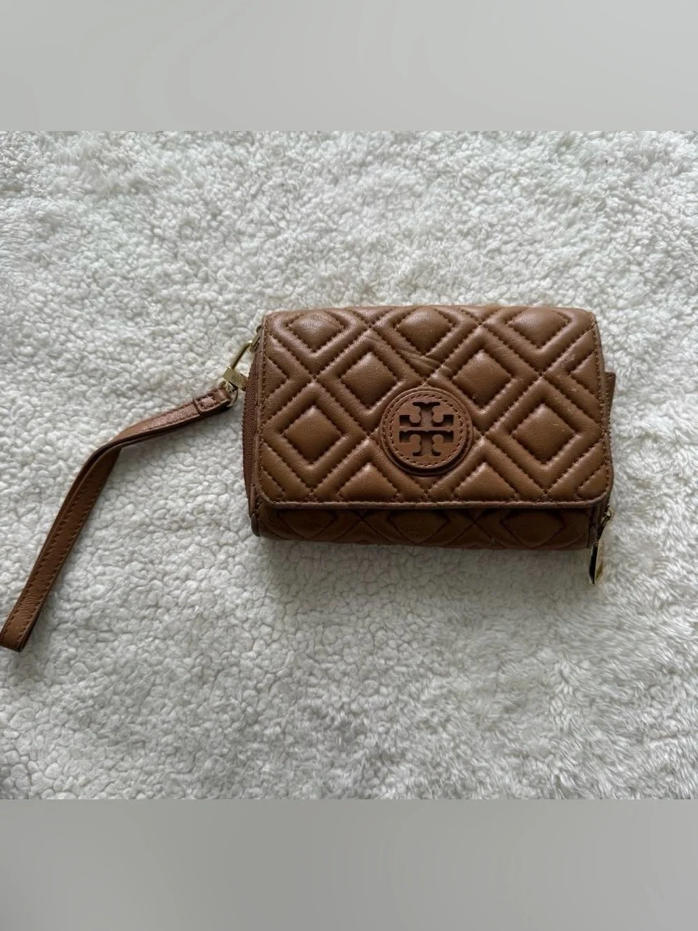Tory Burch Quilted Brown Leather Wristlet Clutch Wallet